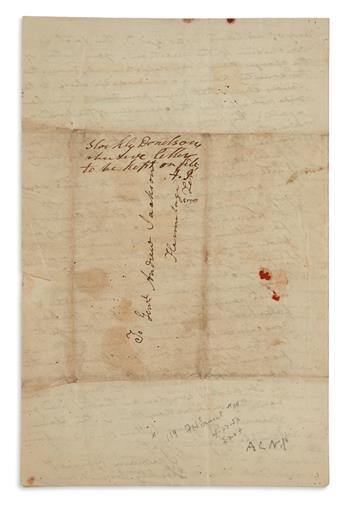 ANDREW JACKSON. Autograph Endorsement Signed, A.J., written vertically over the address panel of his brother-in-laws...